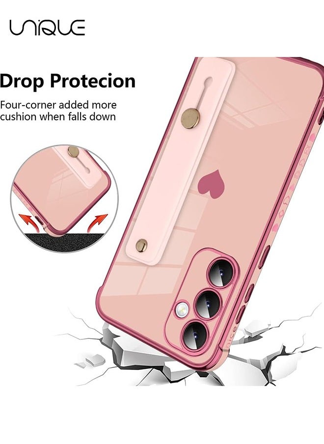 Unique Compatible with Samsung Galaxy A55 Case - Adjustable Wrist Strap Kickstand - Cute Heart Luxury Gold Plating Bumper - Women Girl Men Protective Case Cover - Pink  - Image 2