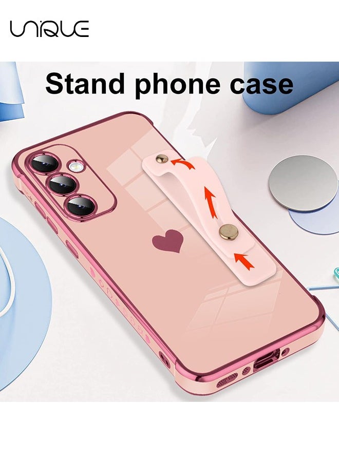 Unique Compatible with Samsung Galaxy A55 Case - Adjustable Wrist Strap Kickstand - Cute Heart Luxury Gold Plating Bumper - Women Girl Men Protective Case Cover - Pink  - Image 4