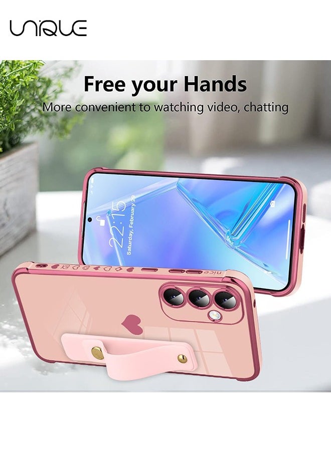 Unique Compatible with Samsung Galaxy A55 Case - Adjustable Wrist Strap Kickstand - Cute Heart Luxury Gold Plating Bumper - Women Girl Men Protective Case Cover - Pink  - Image 5