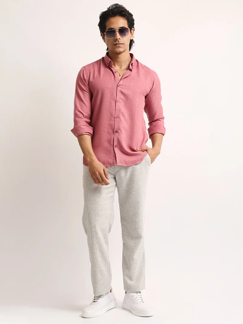 Maniac  Maniac Mens Solid collared Neck Full Sleeve Super Twill Fabric Pink Shirt for Men | Best Price UAE