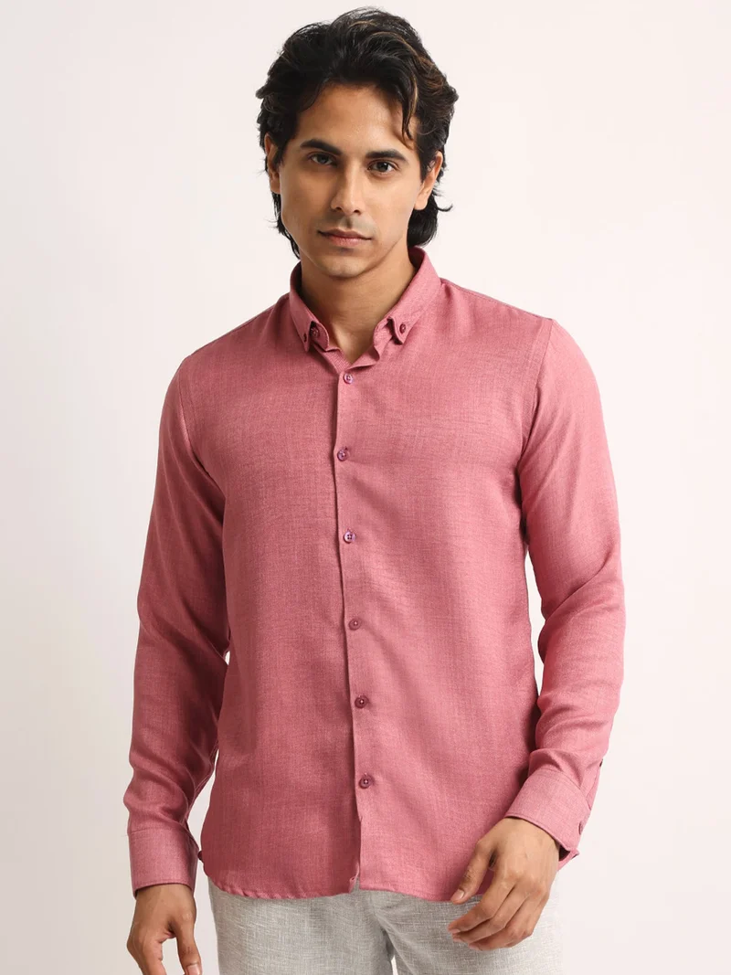 Maniac  Maniac Mens Solid collared Neck Full Sleeve Super Twill Fabric Pink Shirt for Men | Best Price UAE