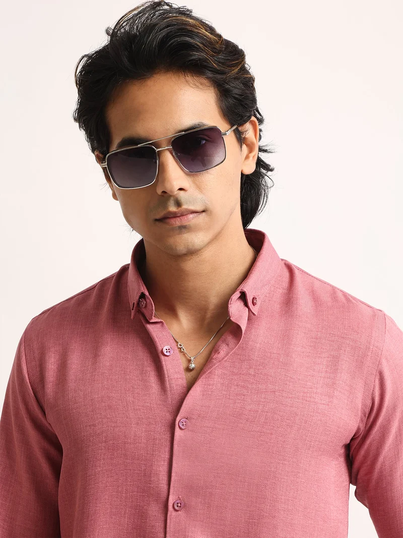 Maniac  Maniac Mens Solid collared Neck Full Sleeve Super Twill Fabric Pink Shirt for Men | Best Price UAE