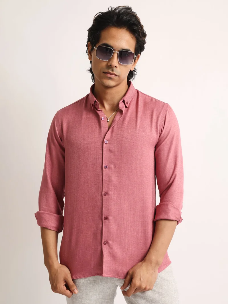 مانياك Maniac Mens Solid collared Neck Full Sleeve Super Twill Fabric Pink Shirt
