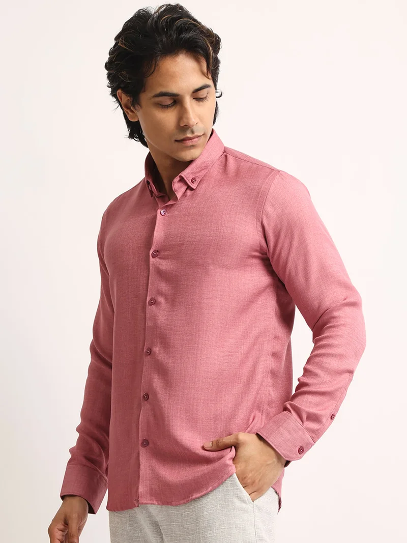 Maniac  Maniac Mens Solid collared Neck Full Sleeve Super Twill Fabric Pink Shirt for Men | Best Price UAE