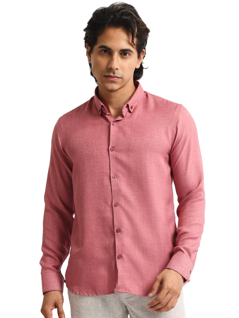 Maniac Maniac Mens Solid collared Neck Full Sleeve Super Twill Fabric Pink Shirt