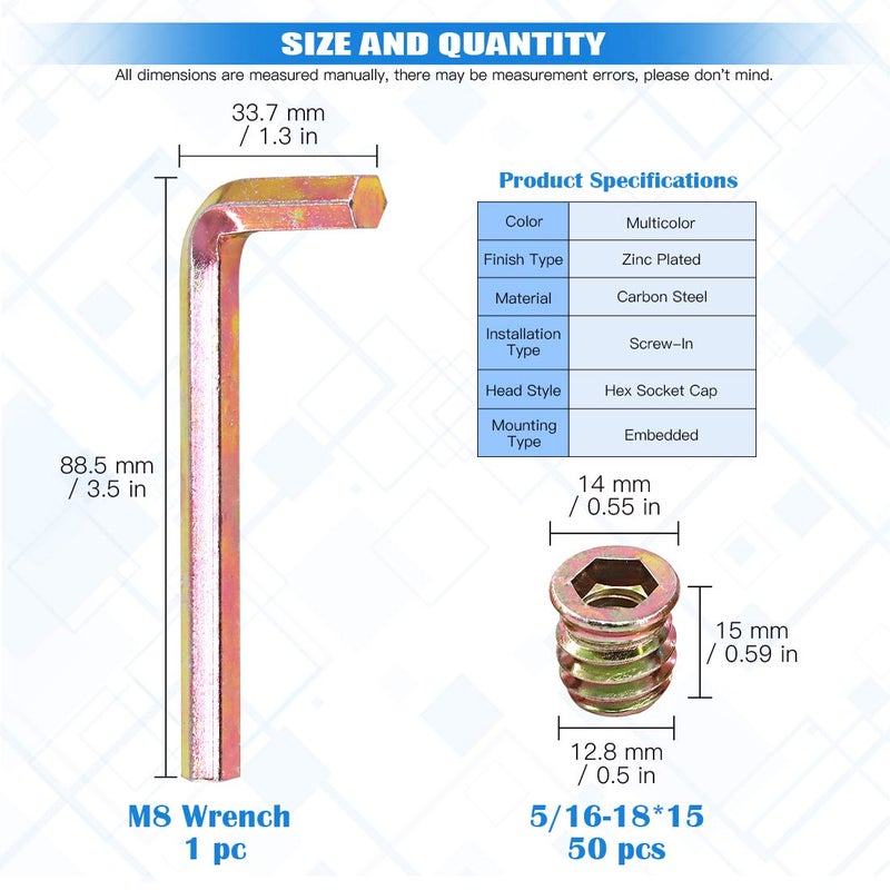 Glarks 50Pcs 5/16"-18 x 15mm Threaded Inserts Nuts Zinc Plated Carbon Steel Hex Socket Drive Furniture Flanged Screw-in Nut with M8 Hex Wrench for Wood Furniture (5/16''-18 x 15mm) - Image 2