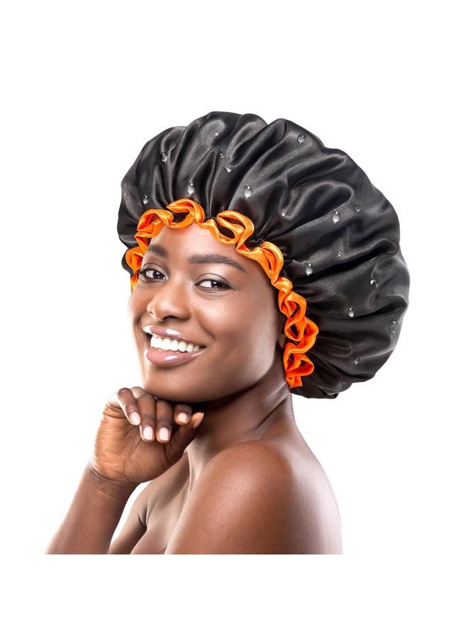 mikimini Extra Large Black Shower Caps Pack of 2 for Women and Men Thick Long Hair Braids, Reusable Waterproof Double Layers XL Bathing Hair Cap with Vibrant Orange Edge (Black)  - Image 1