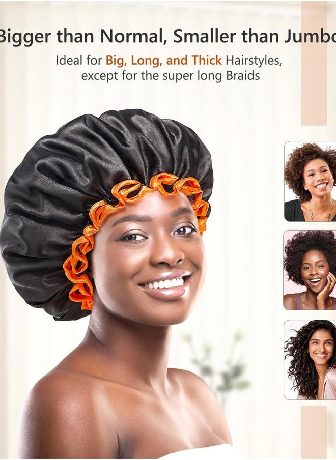 mikimini Extra Large Black Shower Caps Pack of 2 for Women and Men Thick Long Hair Braids, Reusable Waterproof Double Layers XL Bathing Hair Cap with Vibrant Orange Edge (Black)  - Image 3
