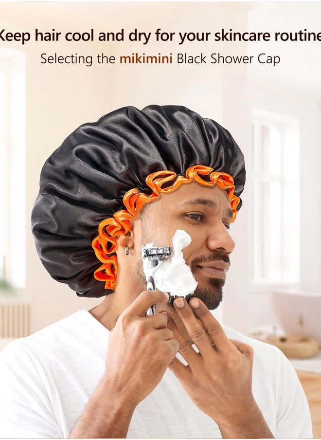 mikimini Extra Large Black Shower Caps Pack of 2 for Women and Men Thick Long Hair Braids, Reusable Waterproof Double Layers XL Bathing Hair Cap with Vibrant Orange Edge (Black)  - Image 4