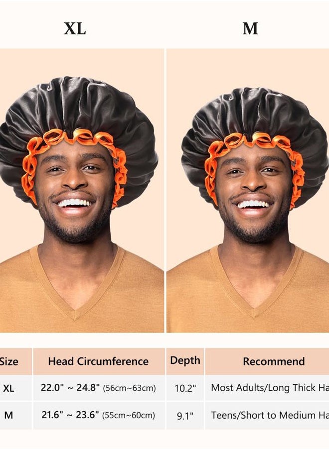 mikimini Extra Large Black Shower Caps Pack of 2 for Women and Men Thick Long Hair Braids, Reusable Waterproof Double Layers XL Bathing Hair Cap with Vibrant Orange Edge (Black)  - Image 2