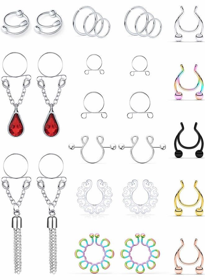 SCERRING Fake Ring Stainless Steel Non-Piercing Rings Clip On Nipplerings Faux Body Piercing Jewelry for Women Men 27PCS Mix Color 1# - Image 1