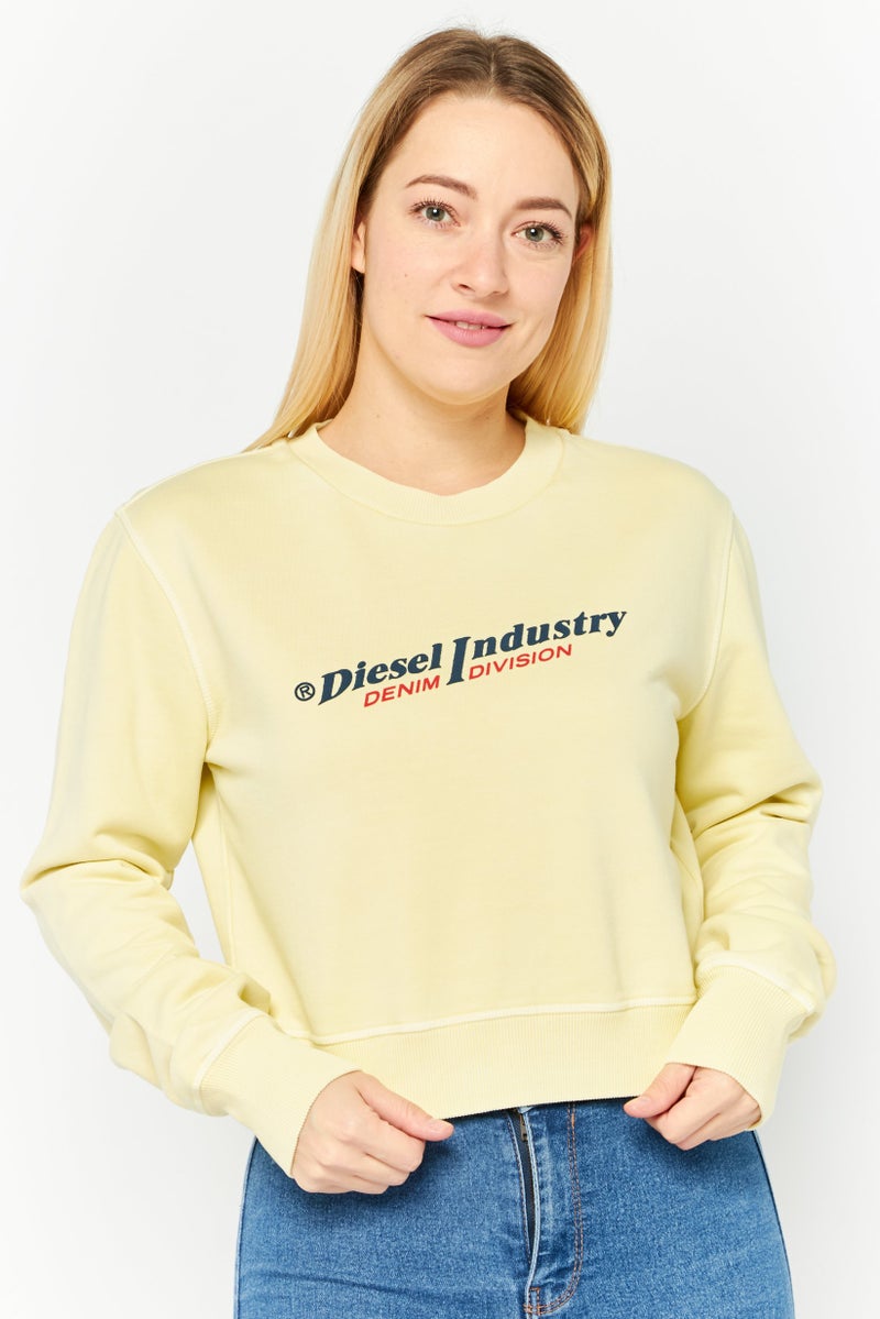 DIESEL Women Ribbed Neck Long Sleeves Brad Logo Sweatshirt, Pale Yellow - Image 1
