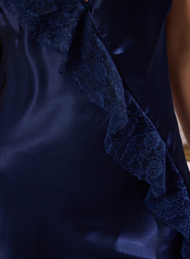 trendyol Navy Blue Lace Detailed Rope Strap Satin Woven Nightgown - Image 3