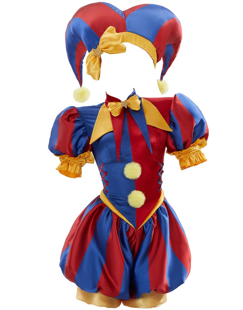Cosplay.fm Women's Clown Costume Carnival Outfit Jumpsuit and Hat with Gloves and Socks Halloween Costume for Adult Women (Red and Blue, M) - Image 1