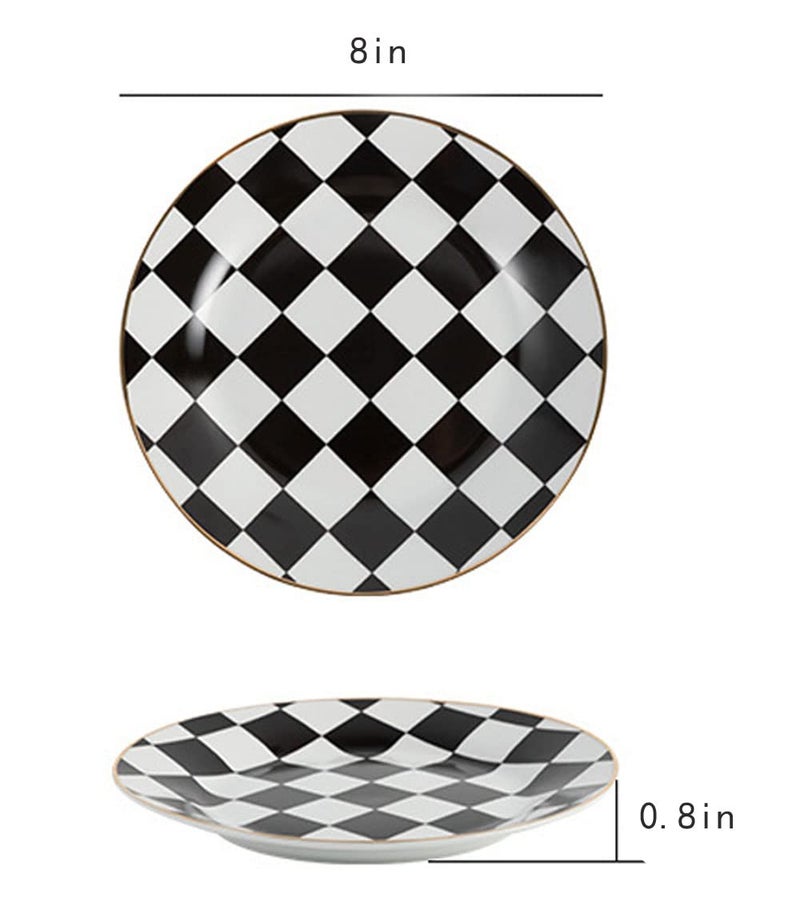 RockTrend Retro Black and White Checkerboard Gold Edge Ceramic Dinner Plate Dessert Plate Salad Plate-Set of 2 - Image 1