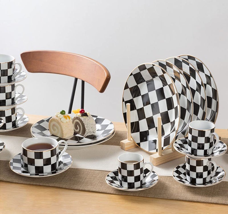RockTrend Retro Black and White Checkerboard Gold Edge Ceramic Dinner Plate Dessert Plate Salad Plate-Set of 2 - Image 5