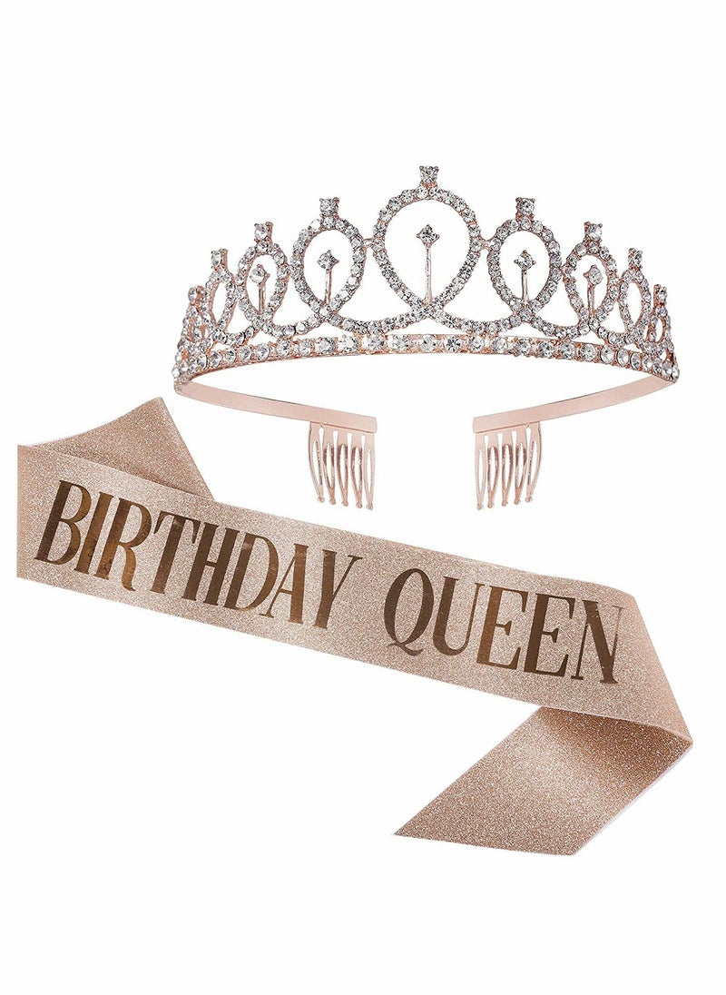 Excefore Happy Birthday Sash and Crown, Tiara for Women, Rhinestone, Gift Kit for Decorations & Party Favors (Rose Gold)  - Image 1