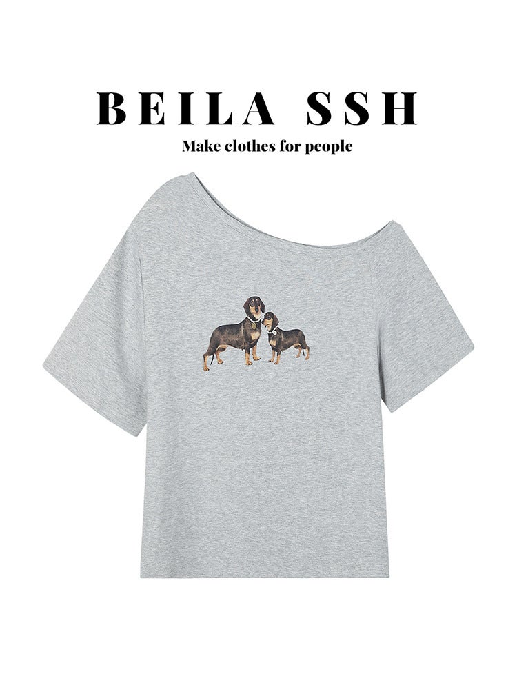 Southeast Asia Short-Sleeved T-Shirt For Women'S Summer Puppy Printed Slim Design Pure Shoulder - Image 2
