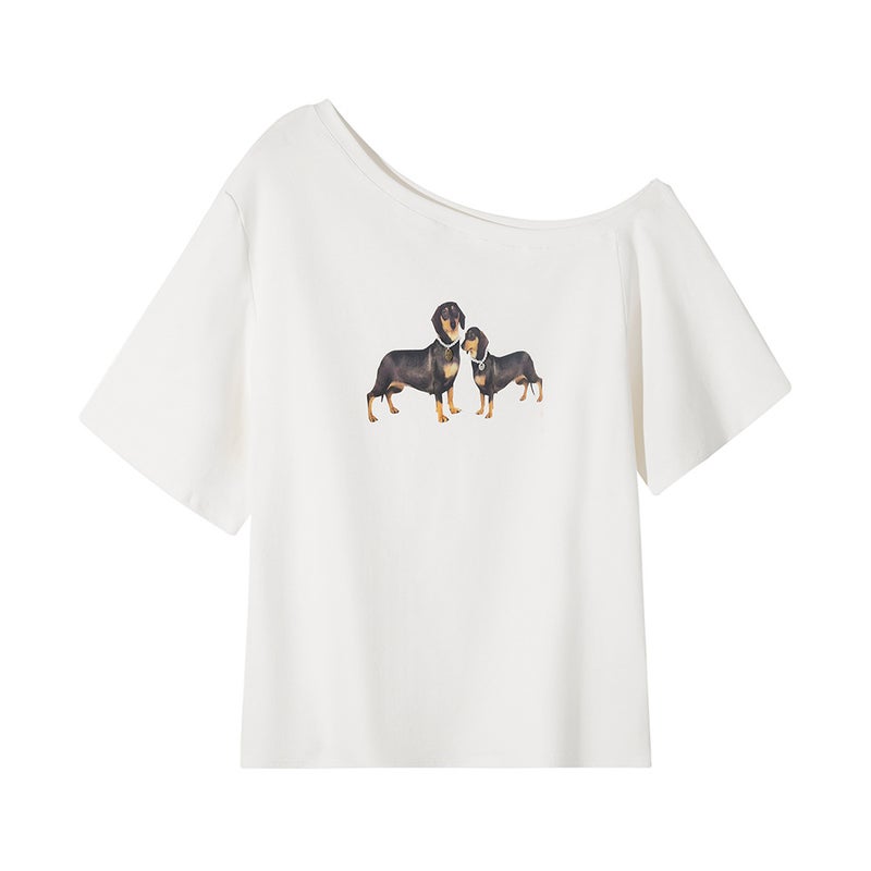 Southeast Asia Short-Sleeved T-Shirt For Women'S Summer Puppy Printed Slim Design Pure Shoulder - Image 1
