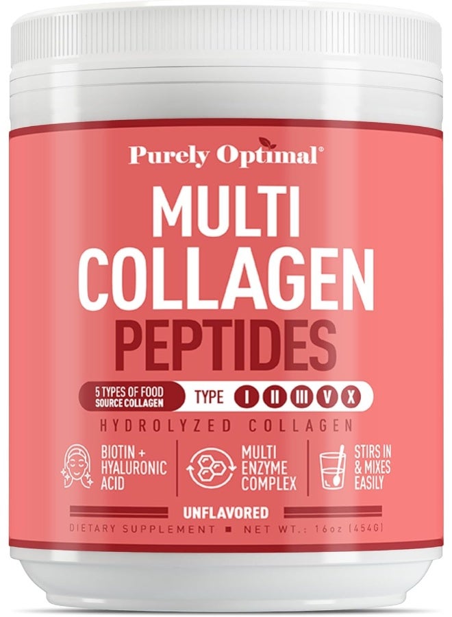 Purely Optimal Premium Multi Collagen Powder - 5 Types Of Hydrolyzed Collagen Peptides W/Biotin, Hair Skin And Nails Vitamins, Max Absorption, Bone & Joint Support - Types I,Ii,Iii,V,X - Easy Mix Unflavored (470Ml) - Image 1