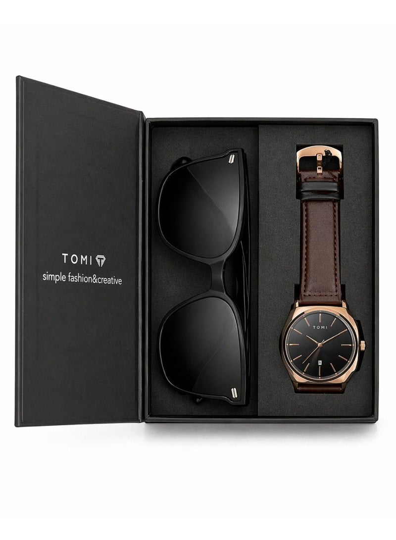 TOMI Urban Edge T085 Analog Watch with Sunglasses Gift Set for Men – Black Leather Strap, Premium Combo Box - Image 1