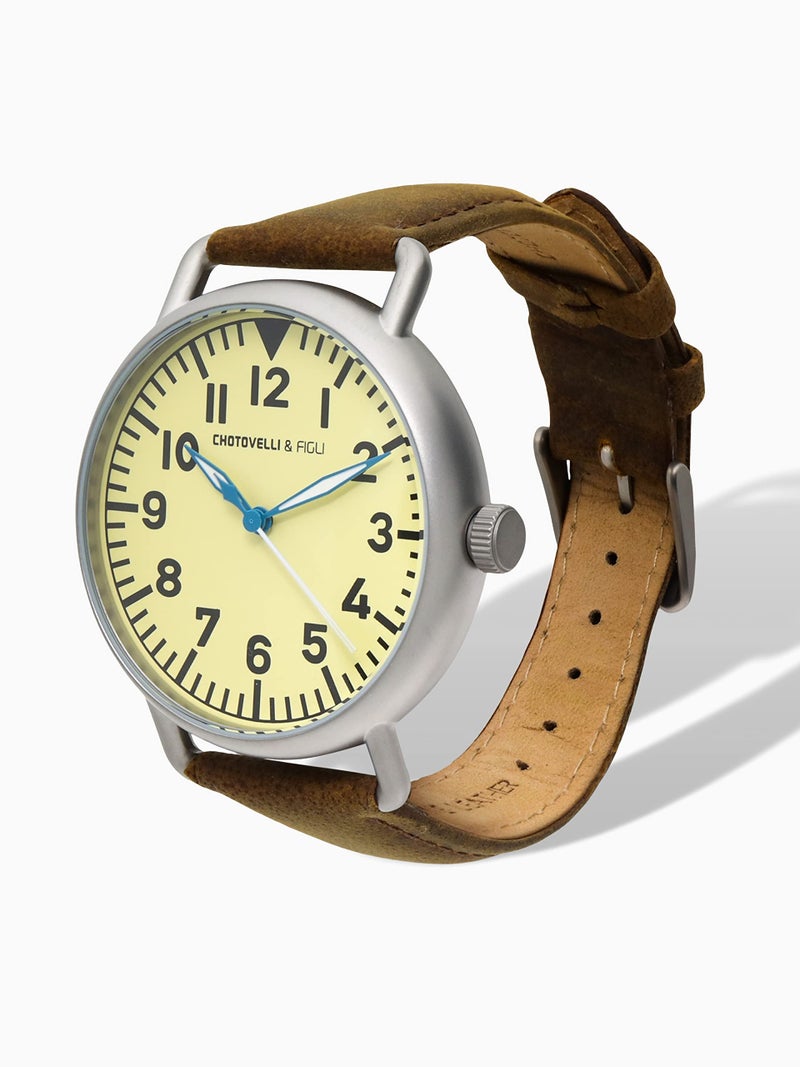 chotovelli Men’s Flieger Pilot Watch - Beige B-uhr Dial, Domed Crystal, Vintage Leather Strap (Tipo.5) - Image 2