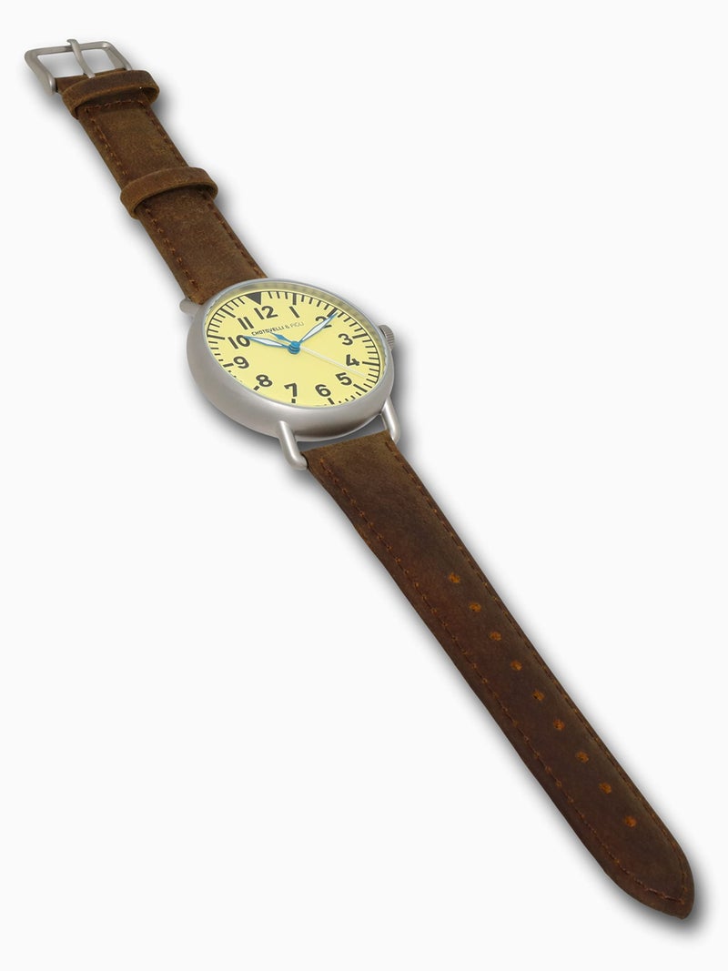 chotovelli Men’s Flieger Pilot Watch - Beige B-uhr Dial, Domed Crystal, Vintage Leather Strap (Tipo.5) - Image 3