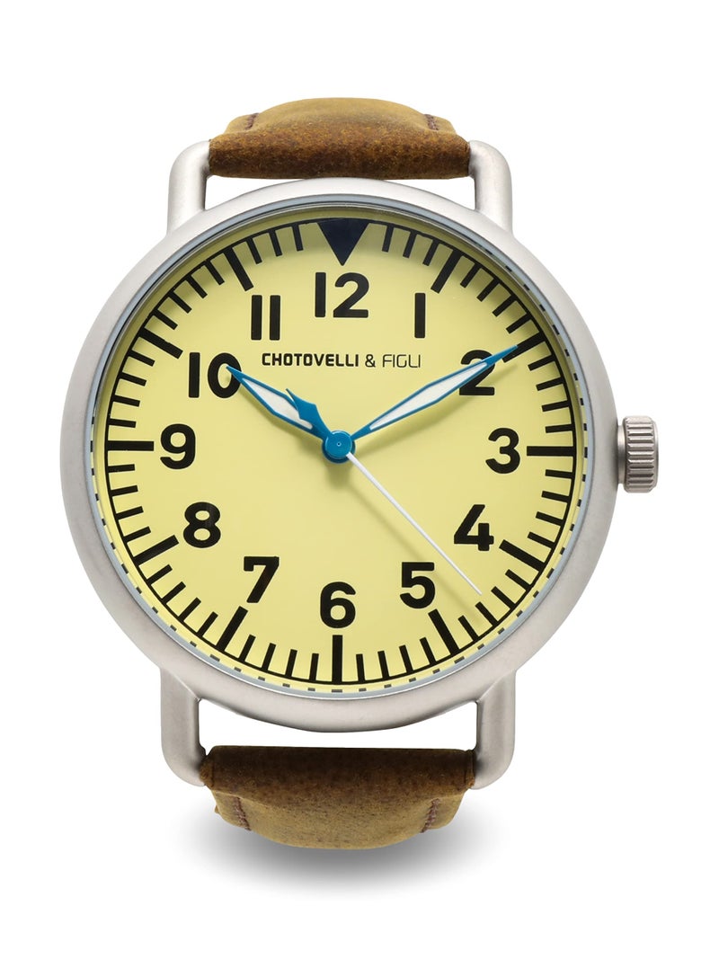 chotovelli Men’s Flieger Pilot Watch - Beige B-uhr Dial, Domed Crystal, Vintage Leather Strap (Tipo.5) - Image 1