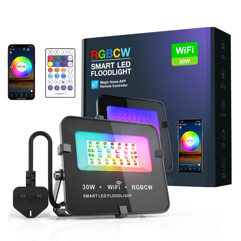 RGB+CCT Flood Light: 30W 1250LM 20000H Lifespan, App & Voice Control, Wireless & BT Dual Connection - Dimmable Color Changing, Timer & Music Sync, Spots Lamp for Indoor Outdoor Use with UK Plug - Image 1