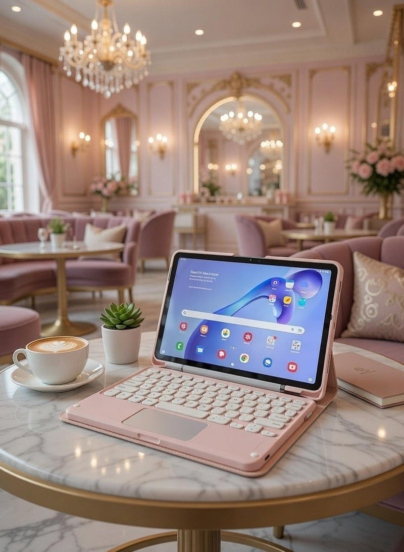 Arabic/English Keyboard Case for Samsung Tab A9/A11 – Detachable Magnetic Bluetooth Round Keycap Keyboard with Multi-Touch Trackpad, Built-in Pencil Holder, Slim Smart Protective Folio Cover (Pink) - Image 3