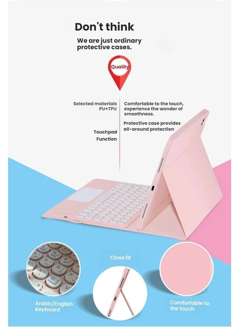 Arabic/English Keyboard Case for Samsung Tab A9/A11 – Detachable Magnetic Bluetooth Round Keycap Keyboard with Multi-Touch Trackpad, Built-in Pencil Holder, Slim Smart Protective Folio Cover (Pink) - Image 5