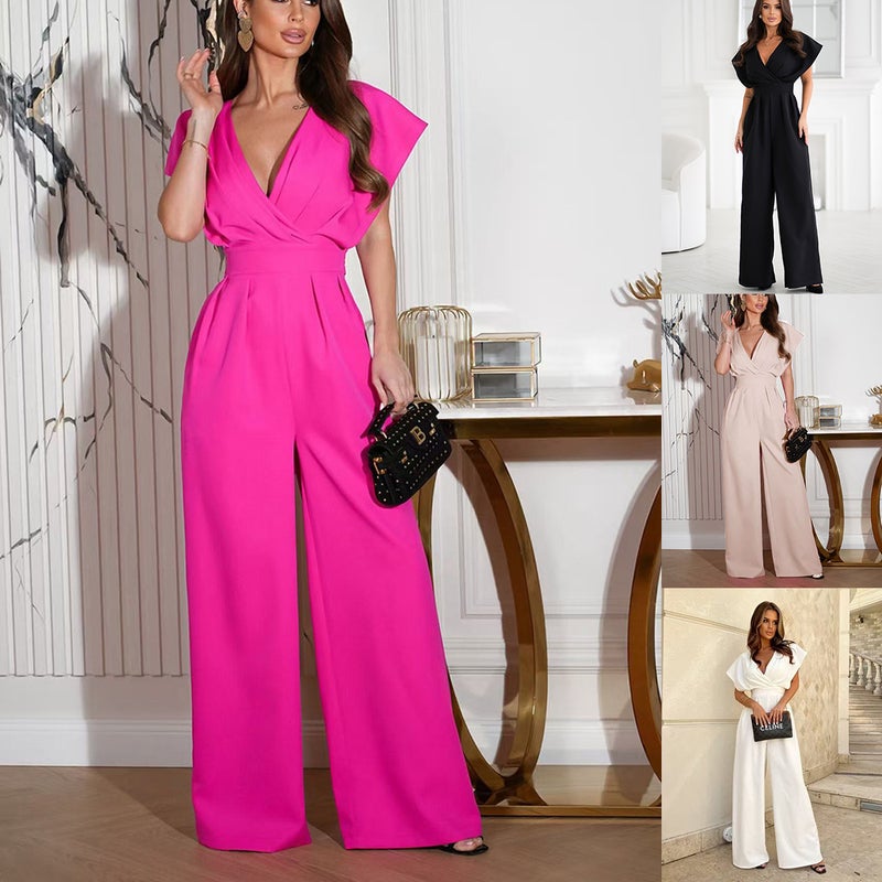 2025 New Summer Solid Color Short-Sleeve Long Pants V-Neck Waist-Slimming Jumpsuit Women'S Clothing - Image 2