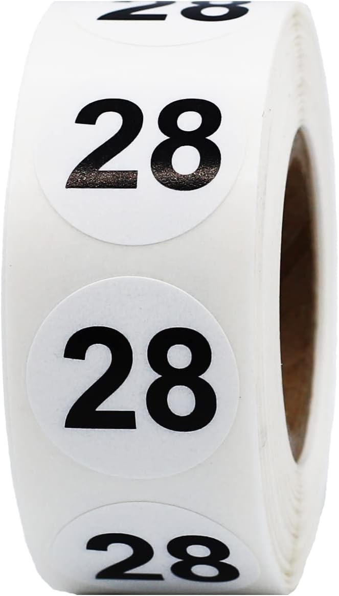 InStockLabels.com White with Black Number 28 Circle Dot Stickers, 3/4 Inch Round, 500 Labels on a Roll - Image 1