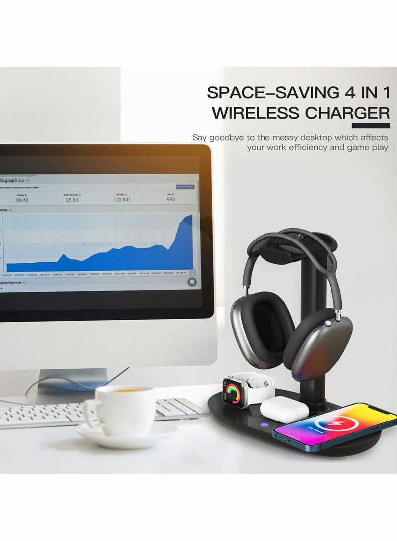 Captaintech Headphone Stand with Wireless Charger,4 in 1 Fast Wireless Charging Station for Max/Pro/2 iWatch 7/6/5/4/3/2/1/SE,and fo iPhone 13/12/11/XS/XR/X/8 Series for Desktop Table Game - Image 3