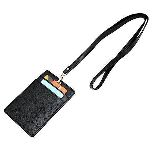 Boshiho Vertical Style Leather ID Card Badge Holder with Heavy Duty Lanyard (Black 2) - Image 2