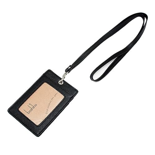 Boshiho Vertical Style Leather ID Card Badge Holder with Heavy Duty Lanyard (Black 2) - Image 1