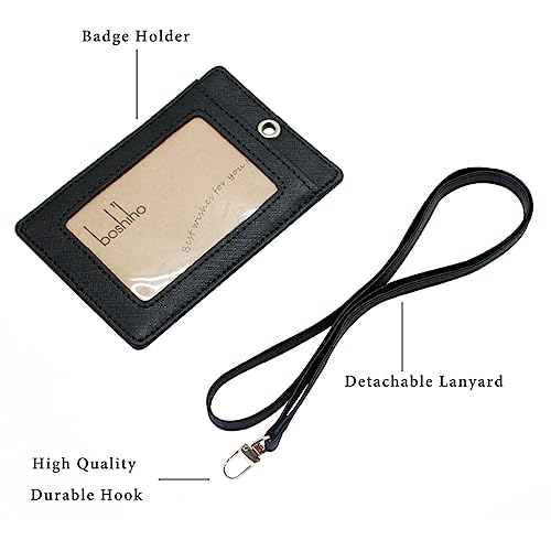 Boshiho Vertical Style Leather ID Card Badge Holder with Heavy Duty Lanyard (Black 2) - Image 3