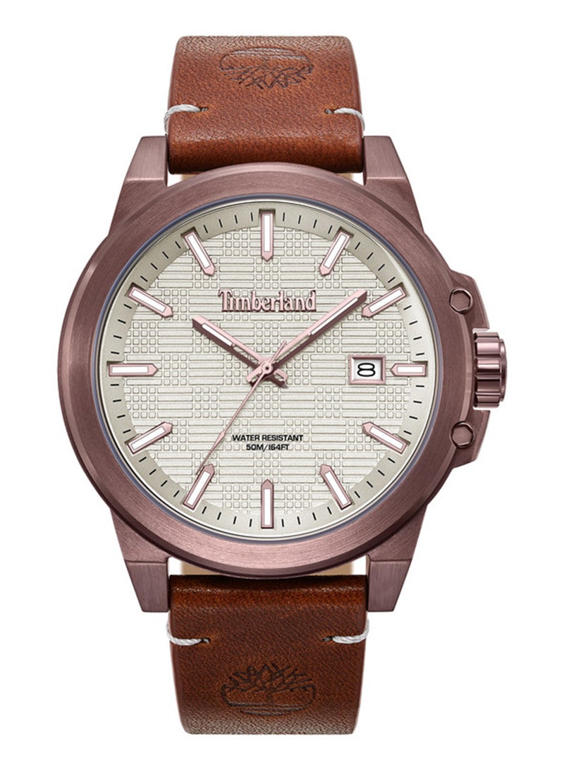 Timberland Men Mohegan Warm Grey Dial Leather Strap Analog Watch for Men, 46mm - Image 1