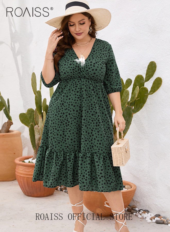 roaiss Plus Size Women Floral Print Dress Ruffled V Neck Mid Length Sleeves Traditional Female Attire Loose Fit Fashionable and Versatile Flattering for All Body Types