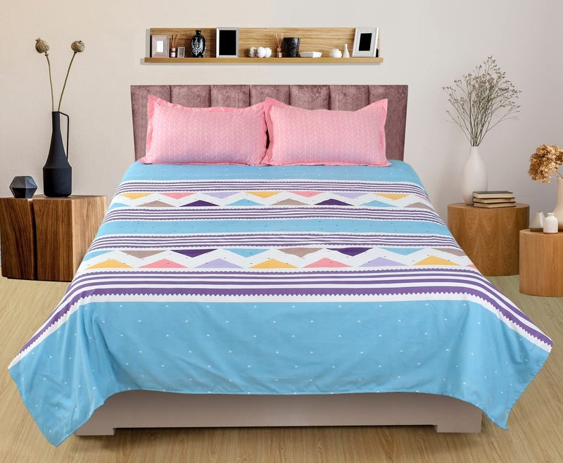 Nendle Abstract Pattern Bedsheet for Double Bed Cotton Blend with 2 Pieces Contrast Pillow Cover of Size 18 by 27 Inches for Living Room (Sky Blue, 90 by 90 Inches) - Image 1