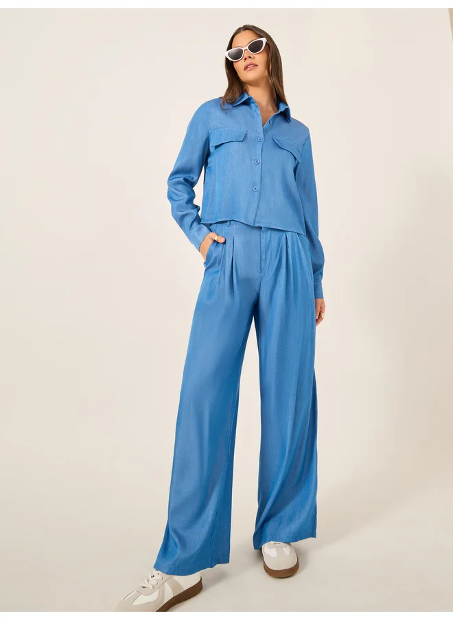 ستايلي Styli Chambray Long Sleeve Shirt and Pleated Paperbag Waist Pants Co-Ords