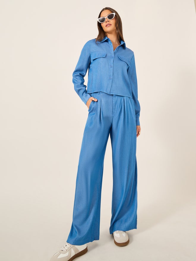 Styli Styli Chambray Long Sleeve Shirt and Pleated Paperbag Waist Pants Co-Ords  - Image 1