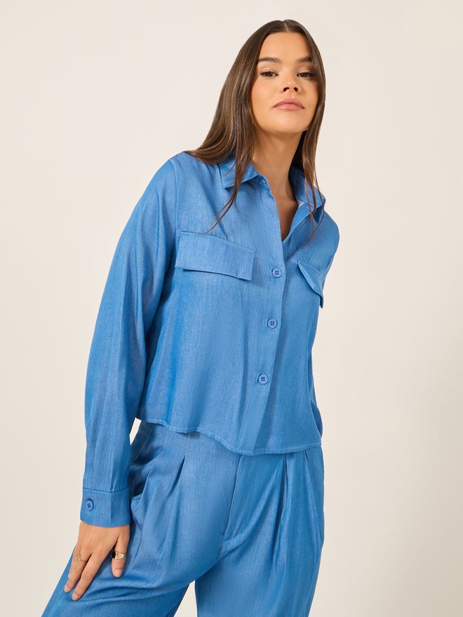 Styli Styli Chambray Long Sleeve Shirt and Pleated Paperbag Waist Pants Co-Ords  - Image 2