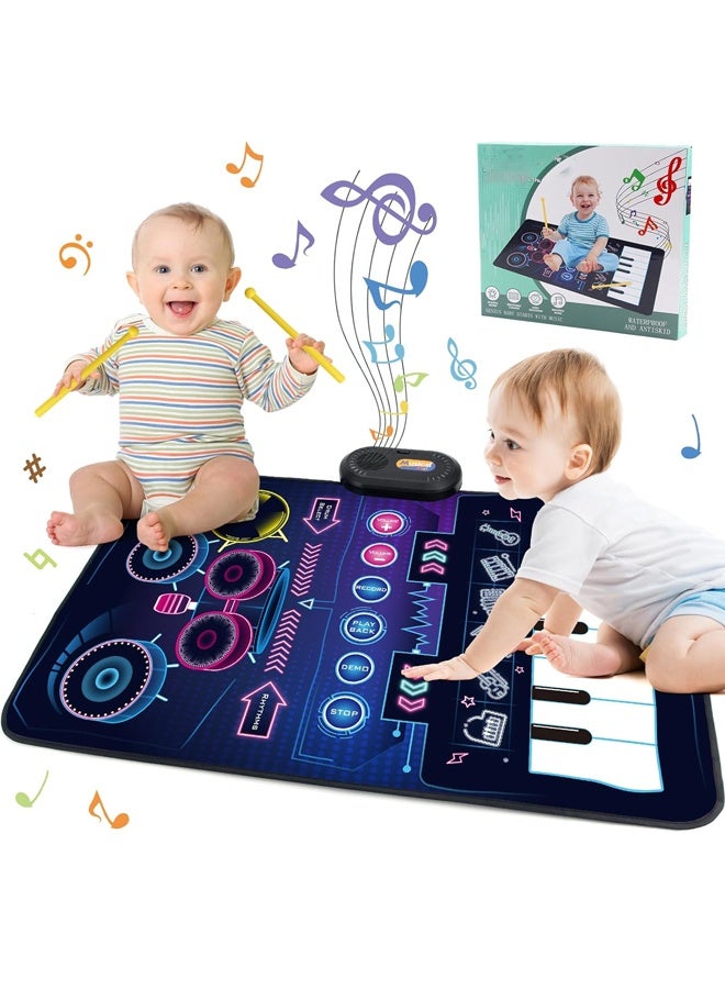 Halamodo 2 in 1 Musical Baby Toys for Boys & Girls - Toddler Piano & Drum Mat with 2 Sticks - Learning Floor Blanket with 15+ Melodies, Animal Sounds & Light-Up Keys - Early Education Playmat for Sensory Development, Hand-Eye Coordination - Birthday Gifts, Toddler Playtime & Indoor Activities - Image 1