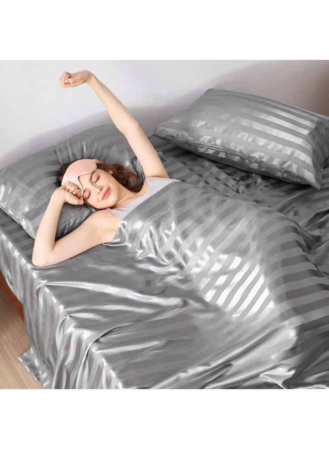 Bedsure Bedsure Satin Sheets - Soft Satin Bed Sheets Queen Set, 4 Pcs Luxury Silky Sheets, Similar to Silk Sheets, Grey Satin Sheets Queen Size for Hair and Skin, Gifts for Women (Grey Striped, Queen)  - Image 2