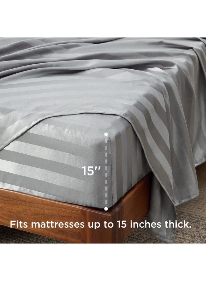 Bedsure Bedsure Satin Sheets - Soft Satin Bed Sheets Queen Set, 4 Pcs Luxury Silky Sheets, Similar to Silk Sheets, Grey Satin Sheets Queen Size for Hair and Skin, Gifts for Women (Grey Striped, Queen)  - Image 4