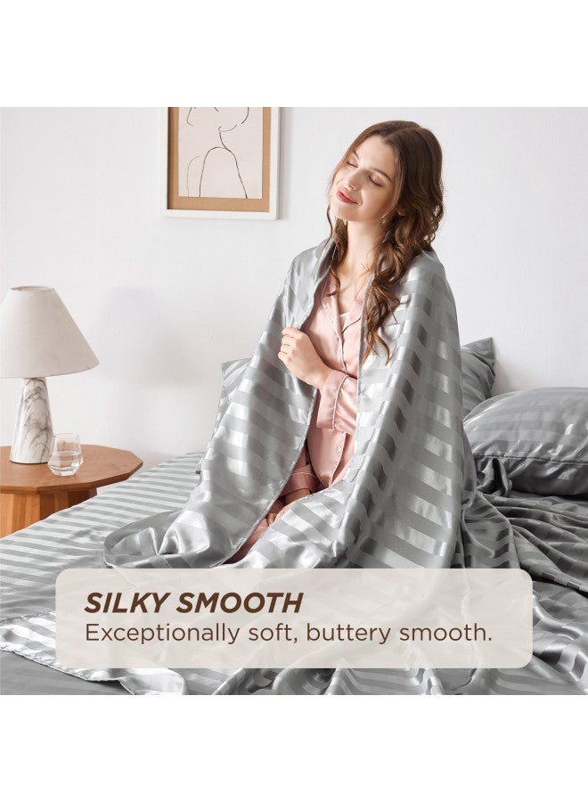 Bedsure Bedsure Satin Sheets - Soft Satin Bed Sheets Queen Set, 4 Pcs Luxury Silky Sheets, Similar to Silk Sheets, Grey Satin Sheets Queen Size for Hair and Skin, Gifts for Women (Grey Striped, Queen)  - Image 3