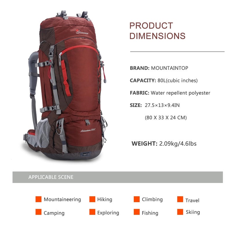 MOUNTAINTOP Hiking Backpack 80L Waterproof Mountaineering Backpack Large Camping Trekking Rucksack Multifunctional climbing with Rain Cover (Red) - Image 2