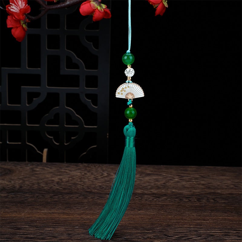 Generic Diamond Ball white fan tassel tassel Palace style cheongsam hanging tassel Han clothing accessories car hanging bag Press placket round beads hanging beard turquoise