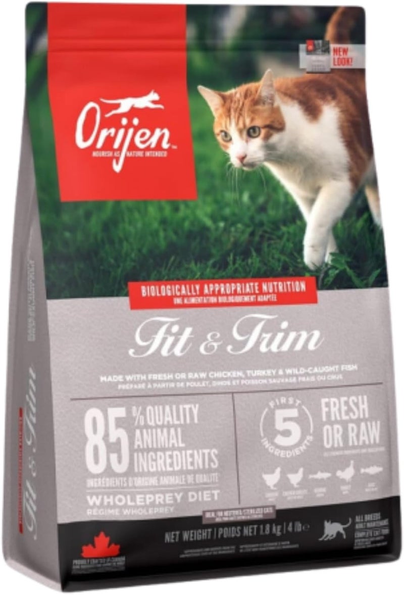 طعام جاف للقطط من Orijen، نوع Fit & Trim، يحتوي على دجاج وديك رومي وسمك، وزن 1.8 كجم